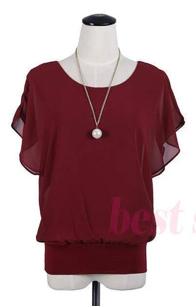 Plus Size - Chiffon Blouse Ruffle Batwing Sleeve  (US 8-20w)