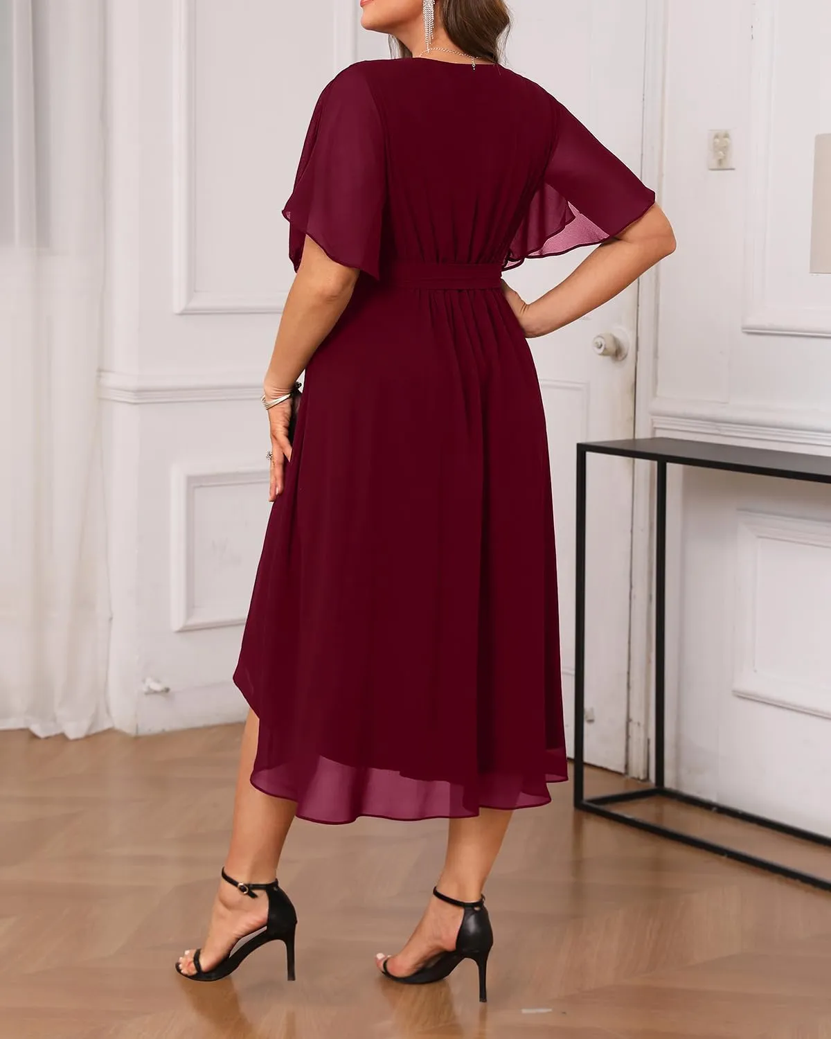 Plus Size Dresses Wedding Guest - Formal Cocktail Chiffon V Neck Short Sleeve High Low Dress Curvy Women