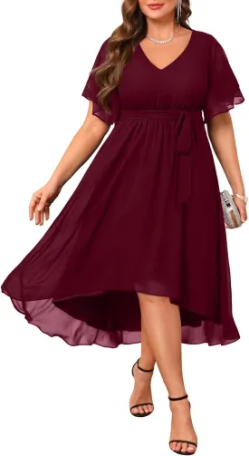 Plus Size Dresses Wedding Guest - Formal Cocktail Chiffon V Neck Short Sleeve High Low Dress Curvy Women