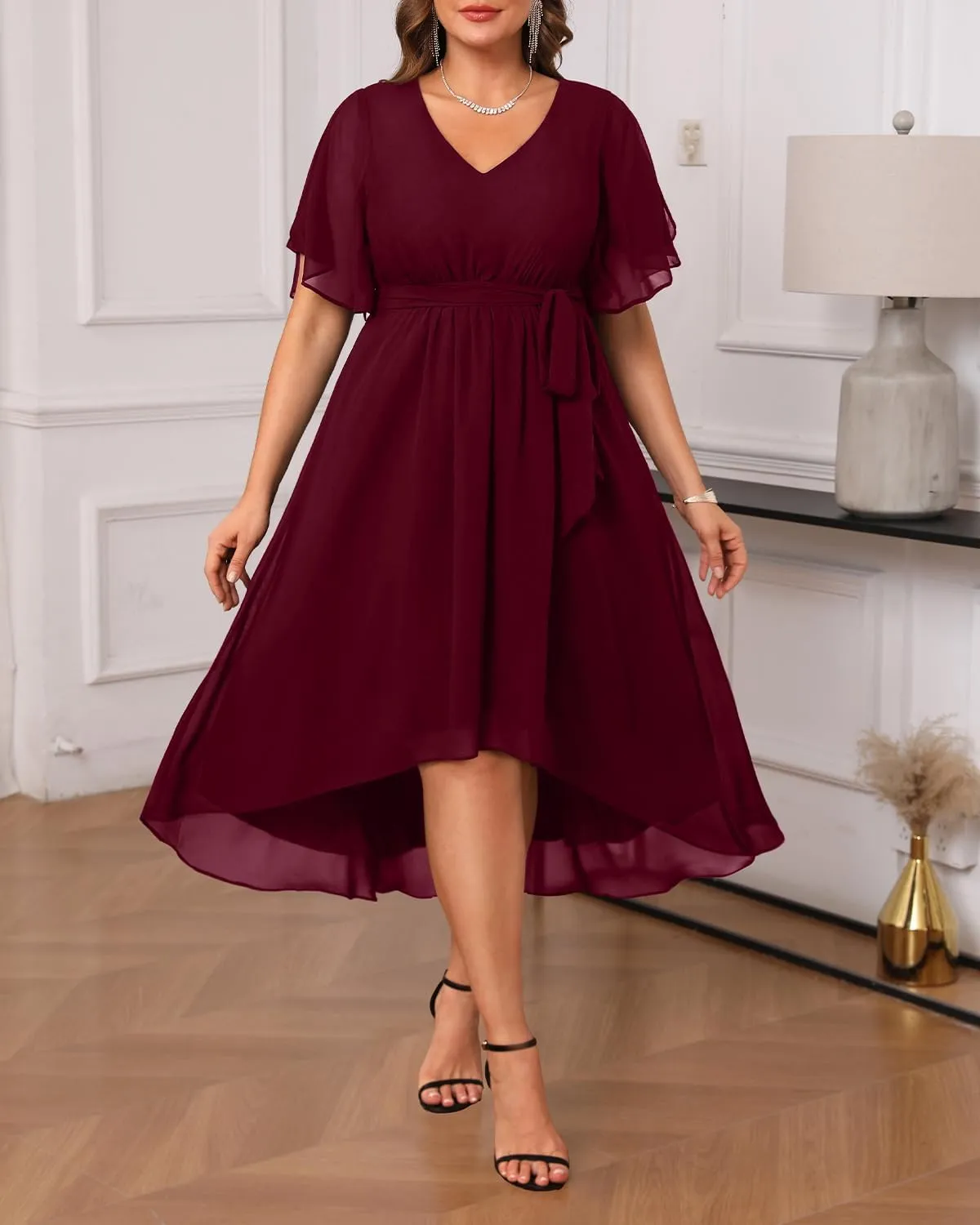 Plus Size Dresses Wedding Guest - Formal Cocktail Chiffon V Neck Short Sleeve High Low Dress Curvy Women