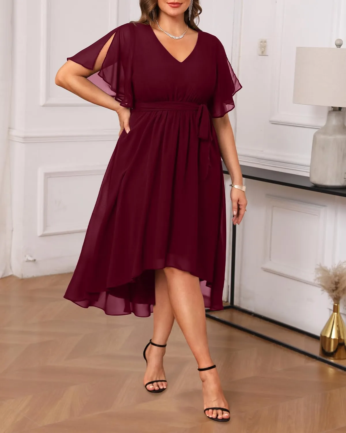 Plus Size Dresses Wedding Guest - Formal Cocktail Chiffon V Neck Short Sleeve High Low Dress Curvy Women