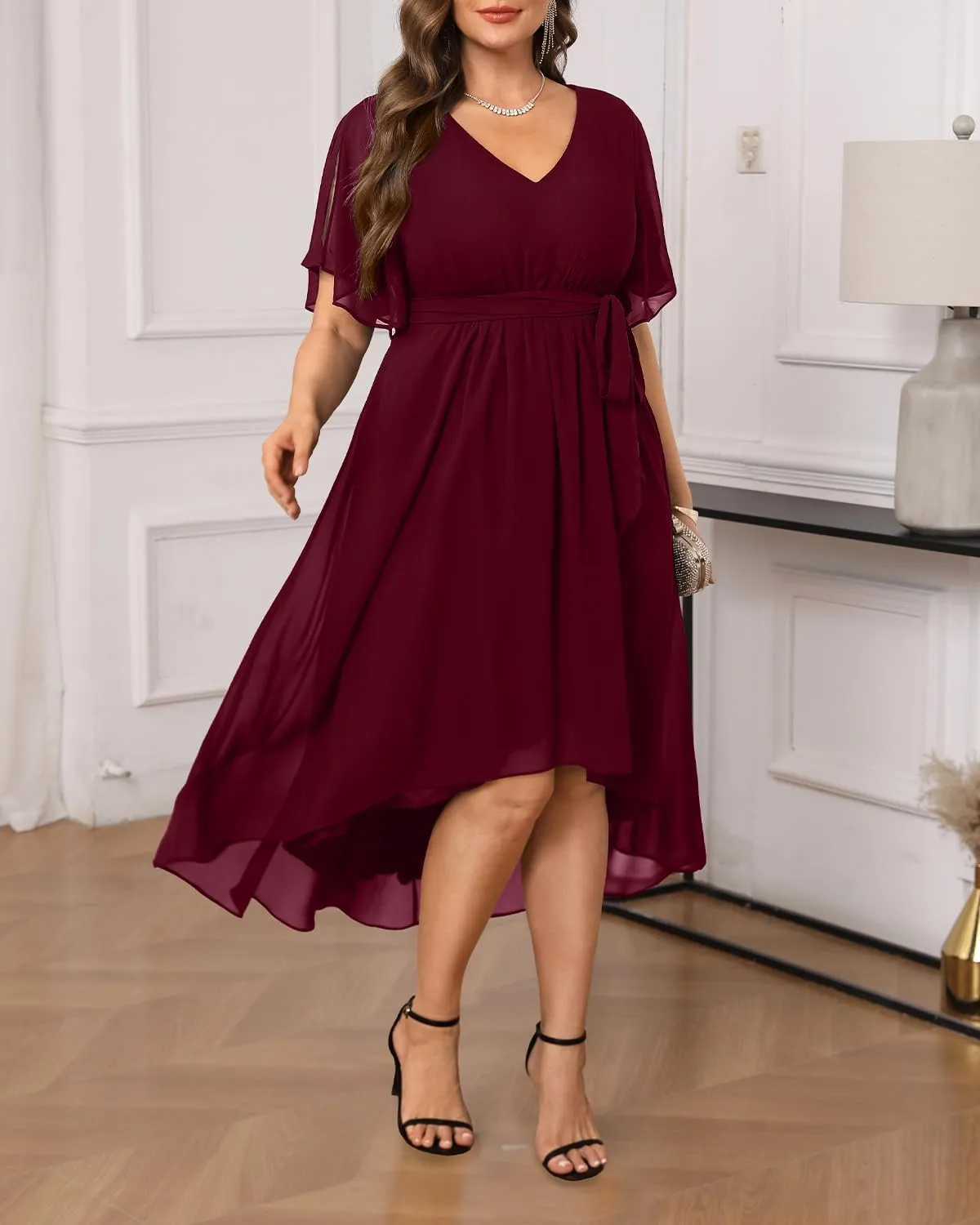 Plus Size Dresses Wedding Guest - Formal Cocktail Chiffon V Neck Short Sleeve High Low Dress Curvy Women