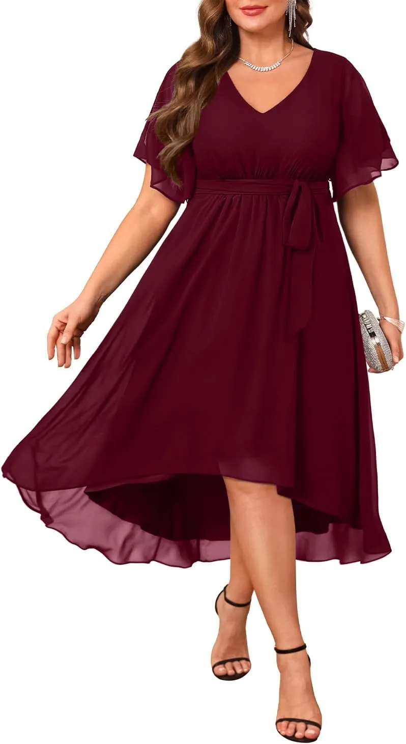 Plus Size Dresses Wedding Guest - Formal Cocktail Chiffon V Neck Short Sleeve High Low Dress Curvy Women