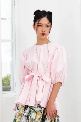 Pre-Order LIGHT PINK COTTON - OVERSIZED FLARE TOP WITH GATHERED SLEEVE AND BELT - LIGHT PINK