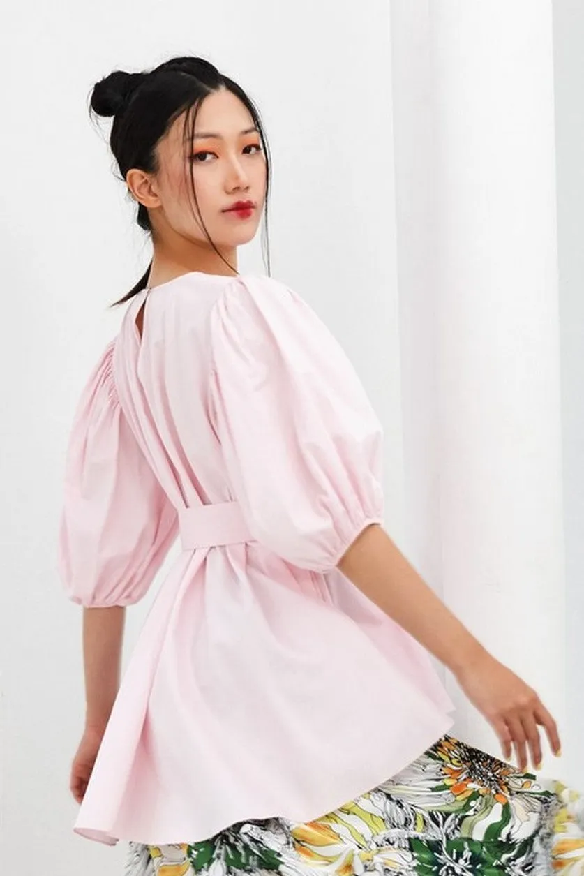 Pre-Order LIGHT PINK COTTON - OVERSIZED FLARE TOP WITH GATHERED SLEEVE AND BELT - LIGHT PINK