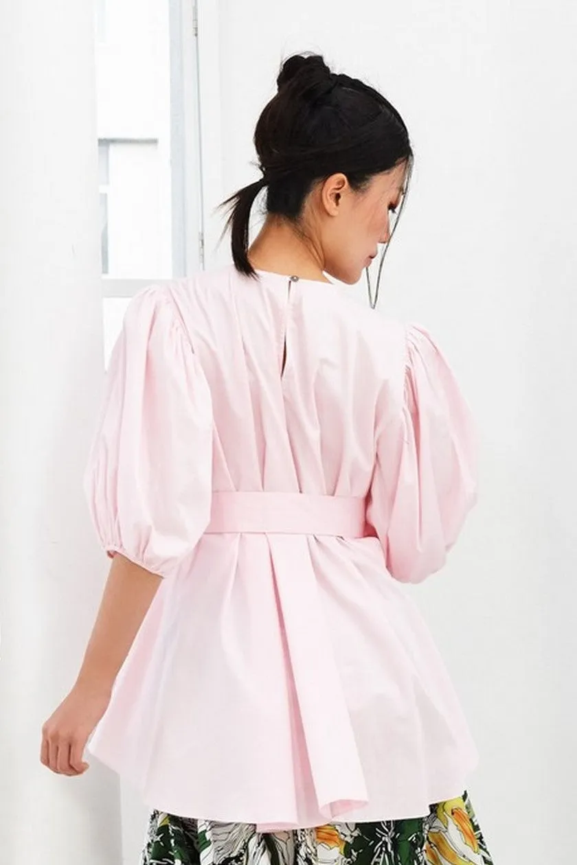 Pre-Order LIGHT PINK COTTON - OVERSIZED FLARE TOP WITH GATHERED SLEEVE AND BELT - LIGHT PINK