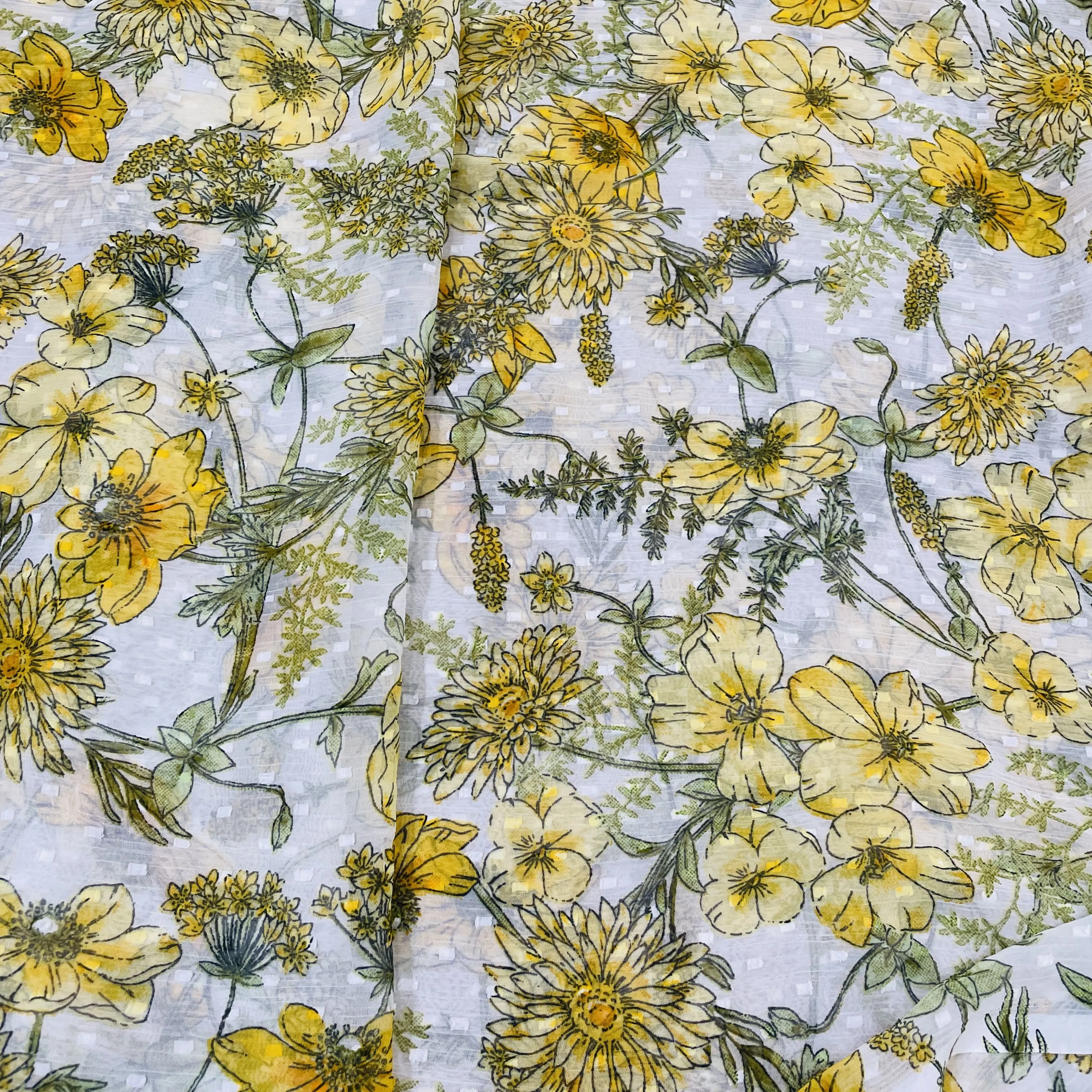 Premium White & Yellow Floral Dobby Print Chiffon Fabric