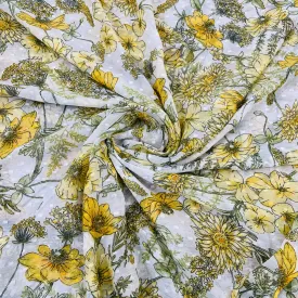 Premium White & Yellow Floral Dobby Print Chiffon Fabric