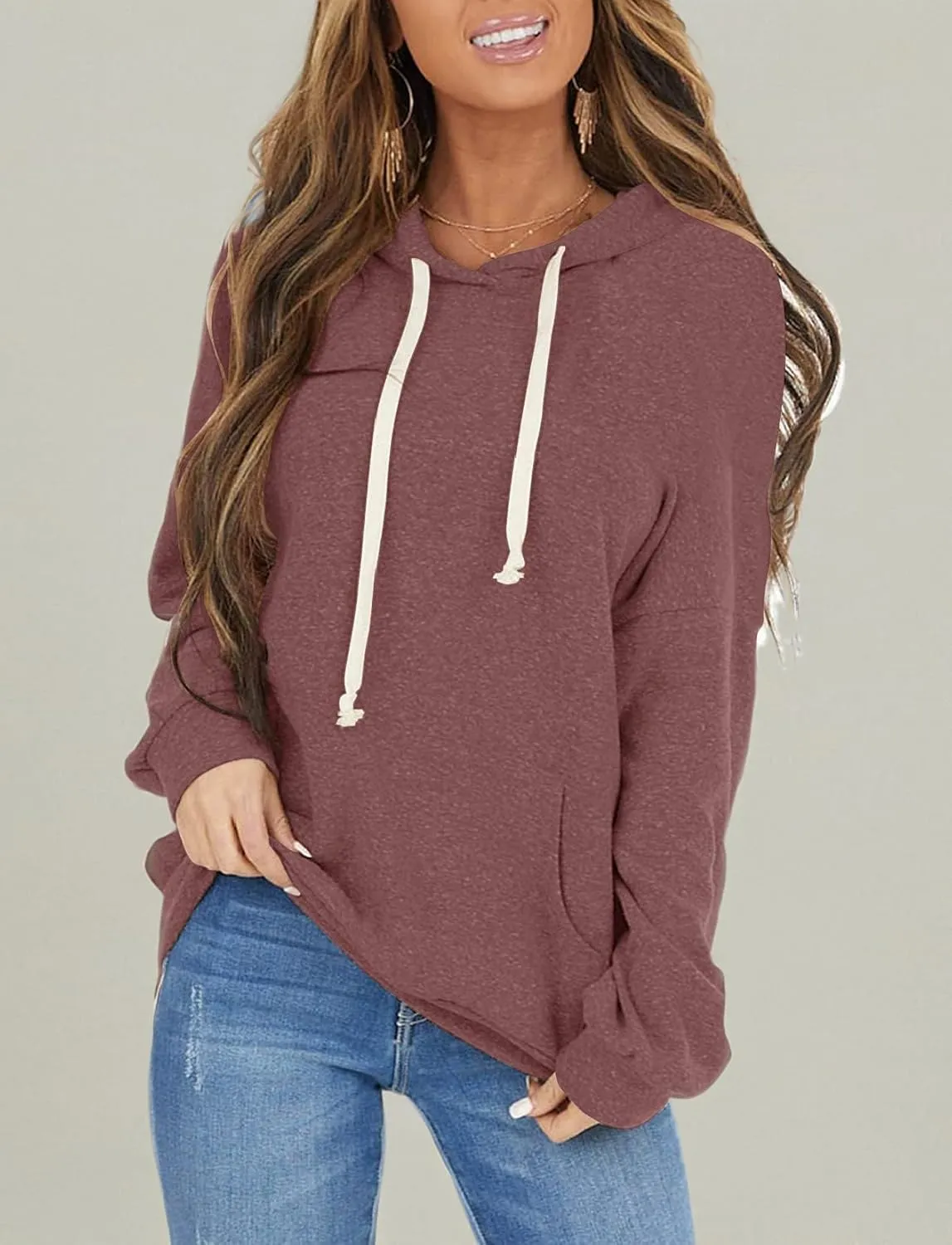 PRETTODAY Women's Casual Lightweight Hoodies Long Sleeve White Drawstring Sweatshirts Loose Pullovers with Pocket