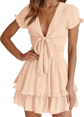 PRETTYGARDEN Women Summer Mini Short Dress 2025 Short Sleeve Casual Beach Vacation Sundress V Neck Tiered Sun Dresses