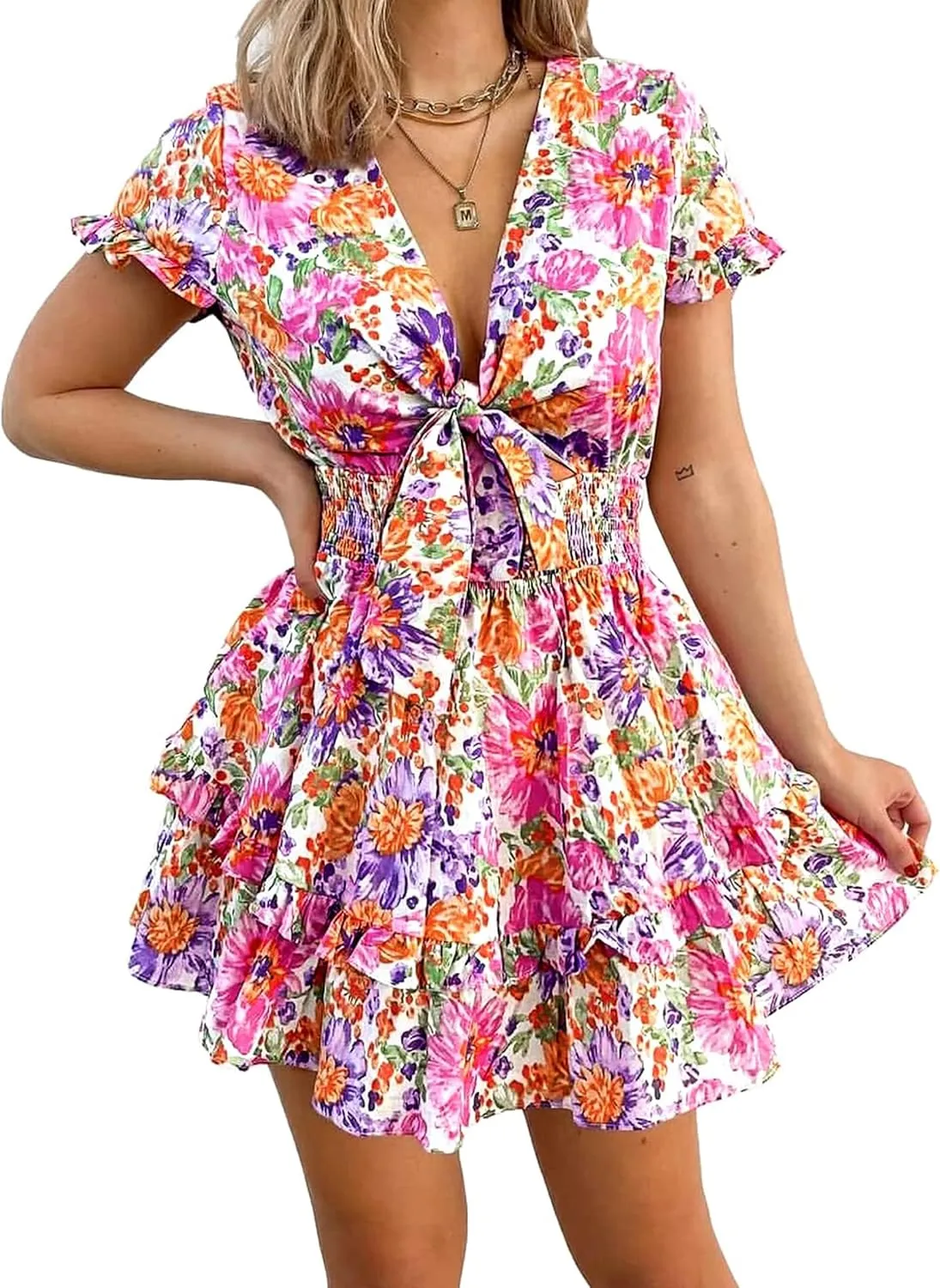 PRETTYGARDEN Women Summer Mini Short Dress 2025 Short Sleeve Casual Beach Vacation Sundress V Neck Tiered Sun Dresses