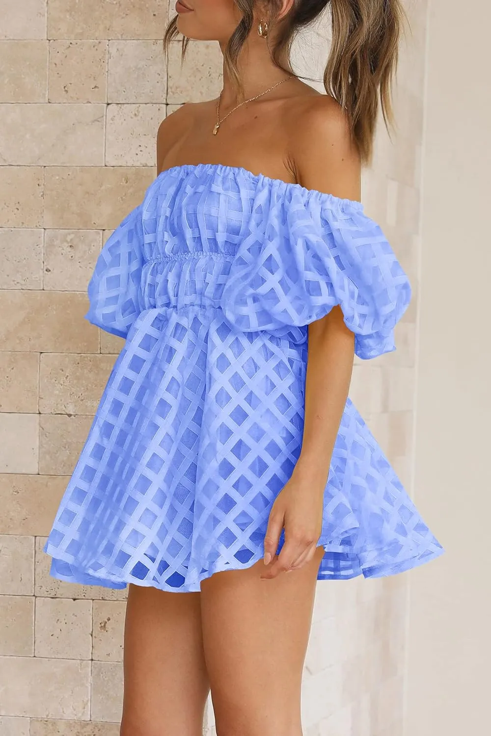 PRETTYGARDEN Women's Off The Shoulder Babydoll Dress Short Puff Sleeve Casual A Line Ruffle Summer Dresses