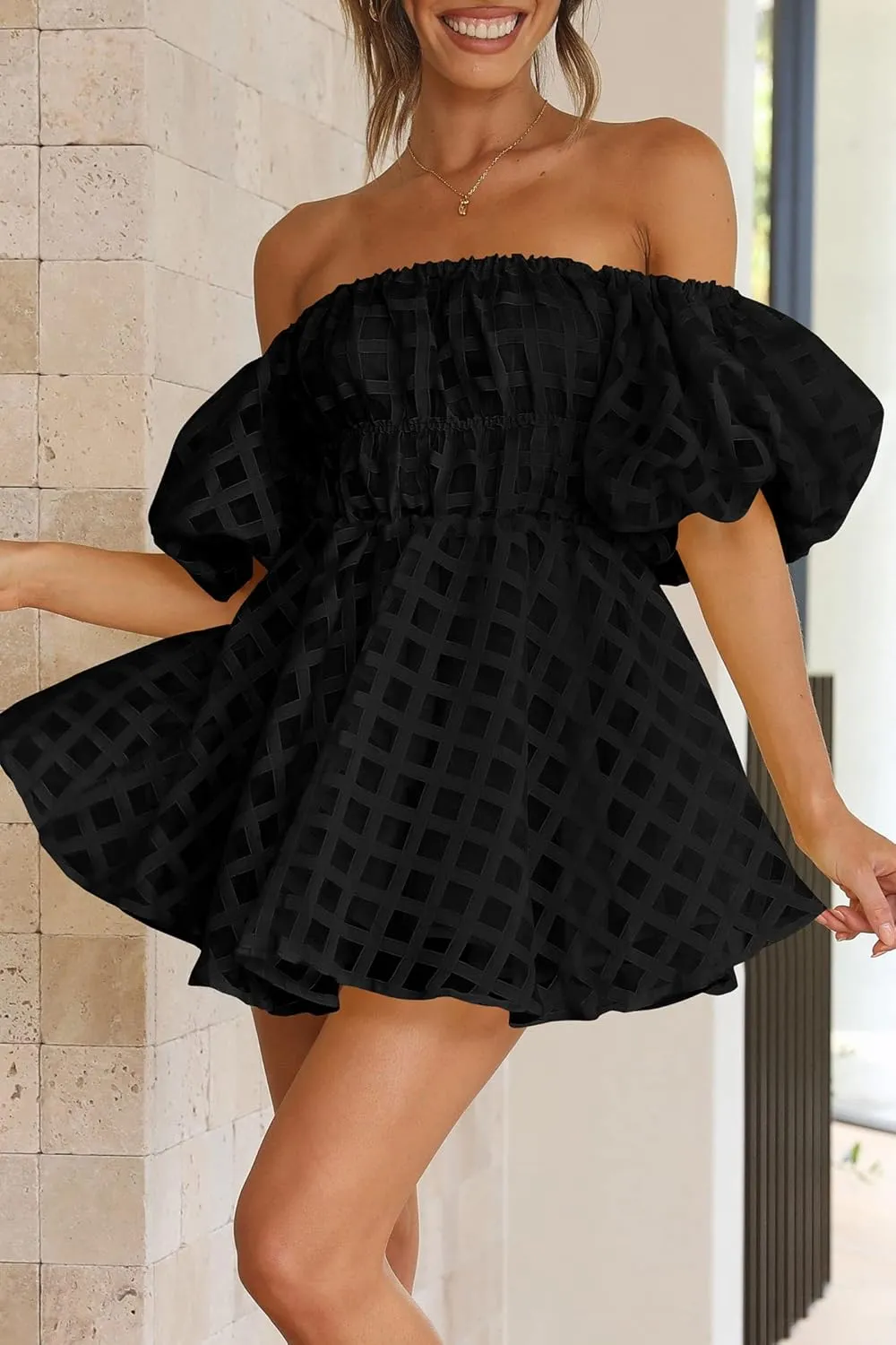 PRETTYGARDEN Women's Off The Shoulder Babydoll Dress Short Puff Sleeve Casual A Line Ruffle Summer Dresses
