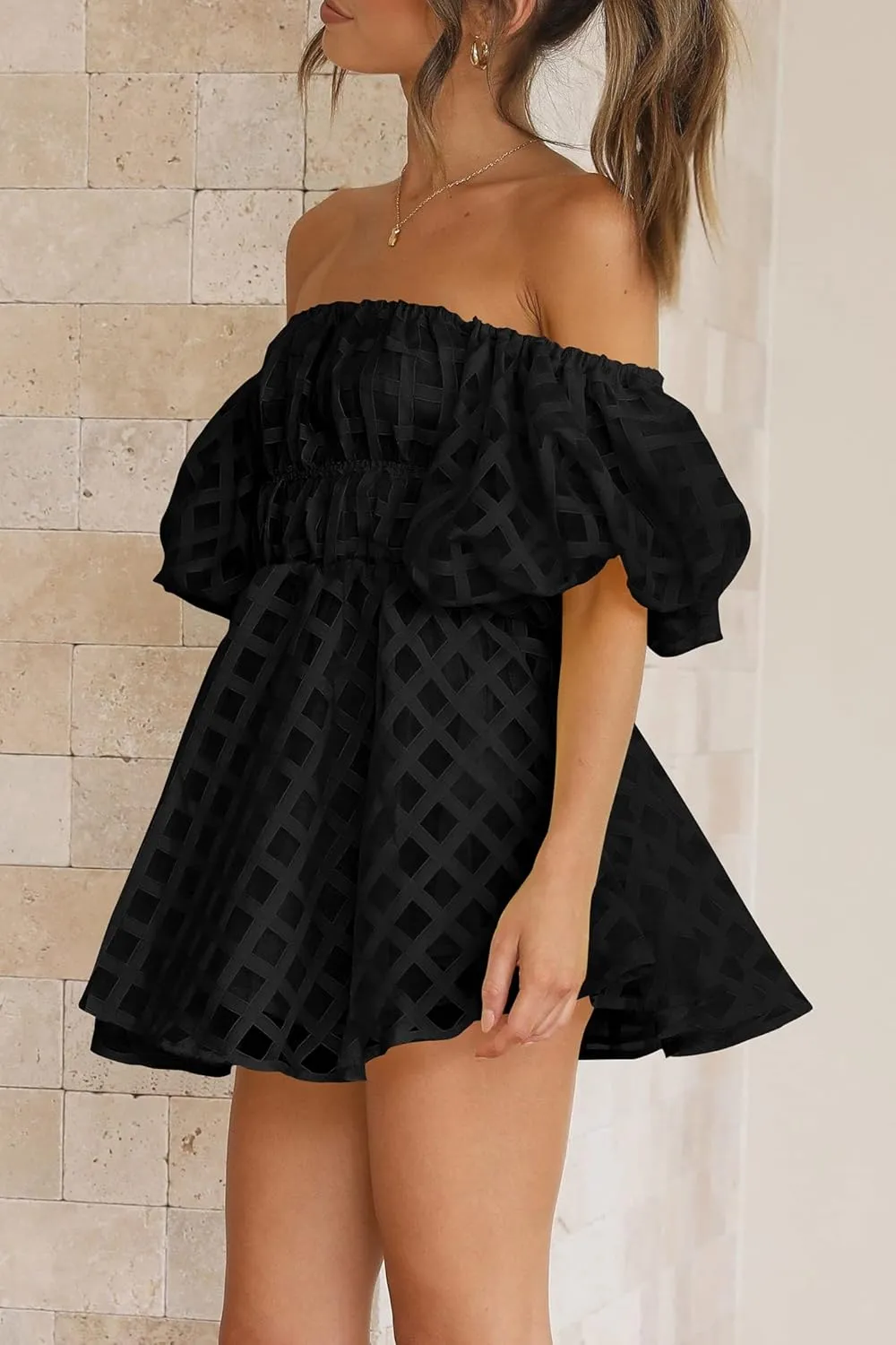 PRETTYGARDEN Women's Off The Shoulder Babydoll Dress Short Puff Sleeve Casual A Line Ruffle Summer Dresses