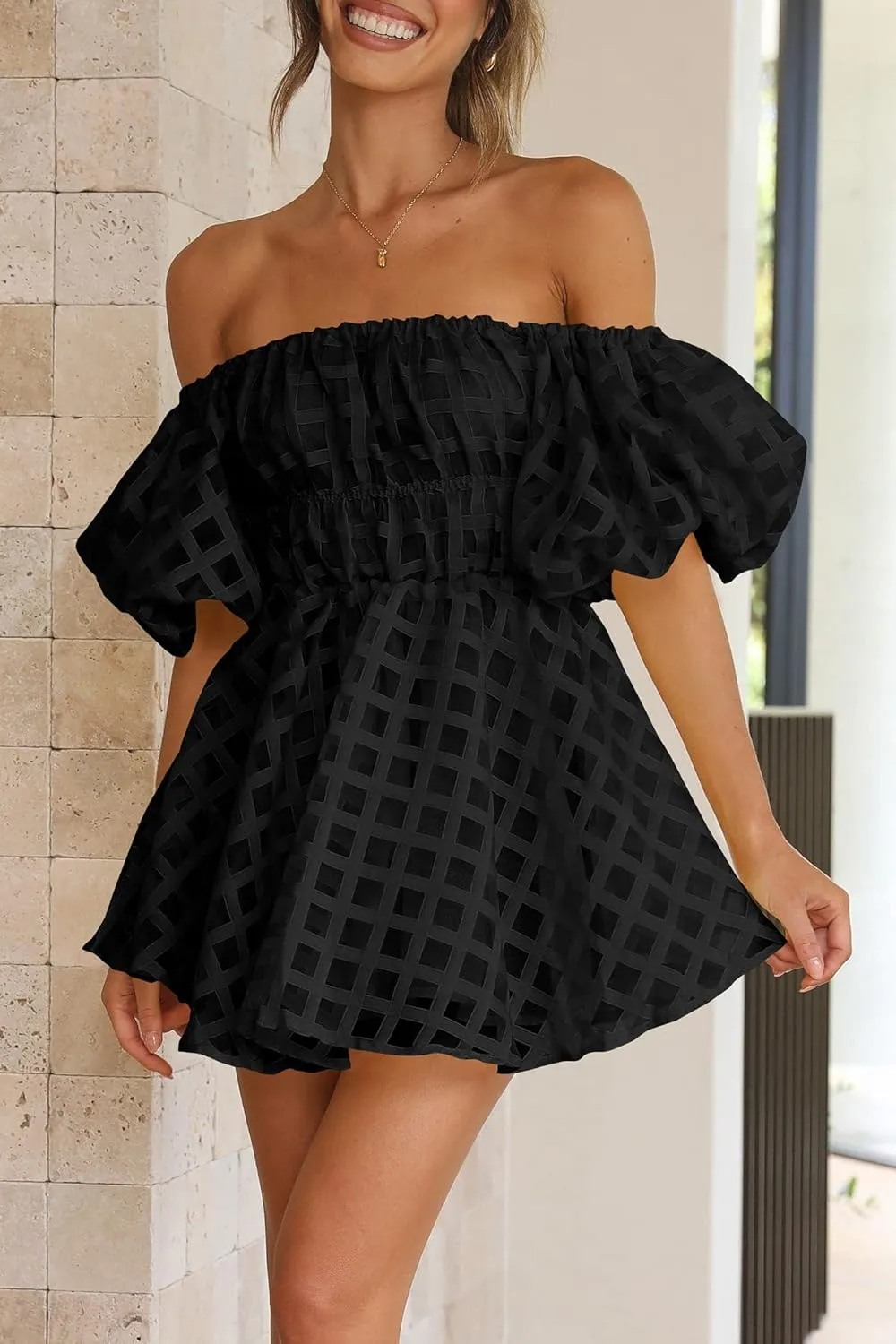 PRETTYGARDEN Women's Off The Shoulder Babydoll Dress Short Puff Sleeve Casual A Line Ruffle Summer Dresses