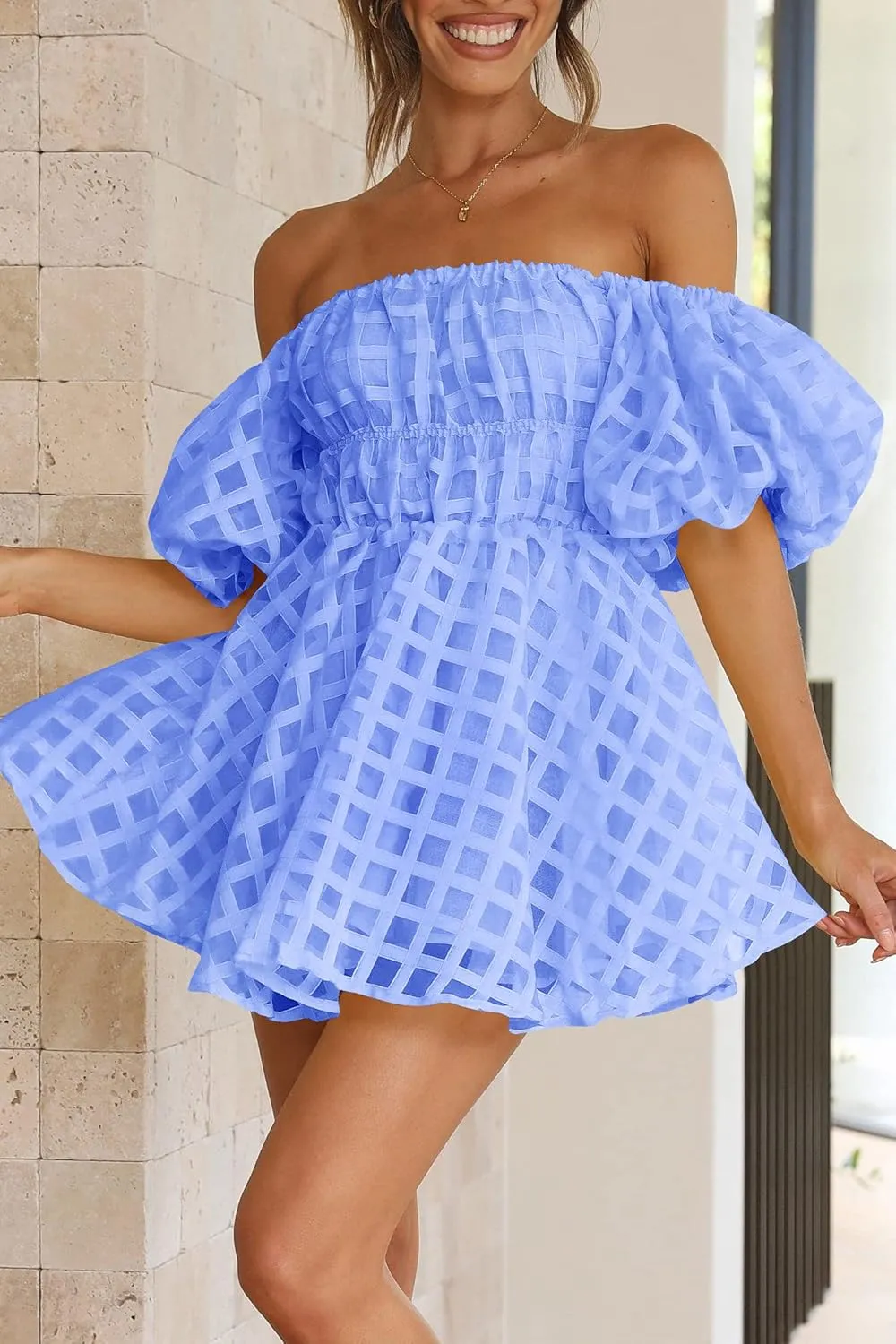PRETTYGARDEN Women's Off The Shoulder Babydoll Dress Short Puff Sleeve Casual A Line Ruffle Summer Dresses