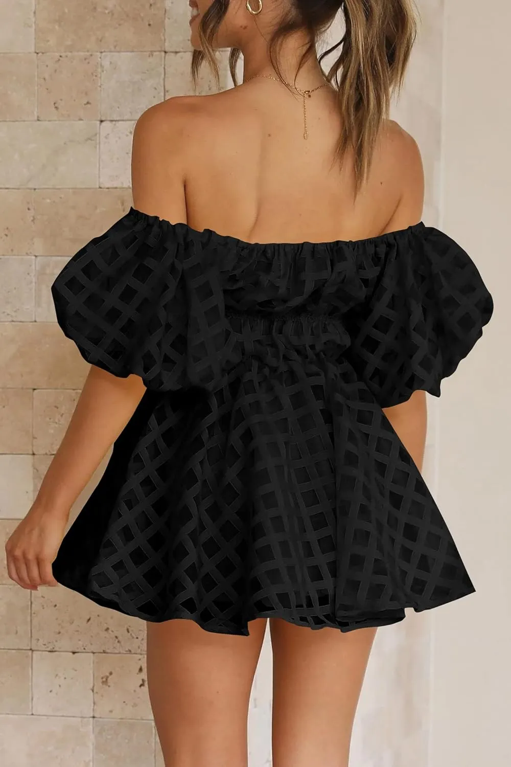 PRETTYGARDEN Women's Off The Shoulder Babydoll Dress Short Puff Sleeve Casual A Line Ruffle Summer Dresses