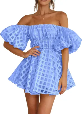 PRETTYGARDEN Women's Off The Shoulder Babydoll Dress Short Puff Sleeve Casual A Line Ruffle Summer Dresses