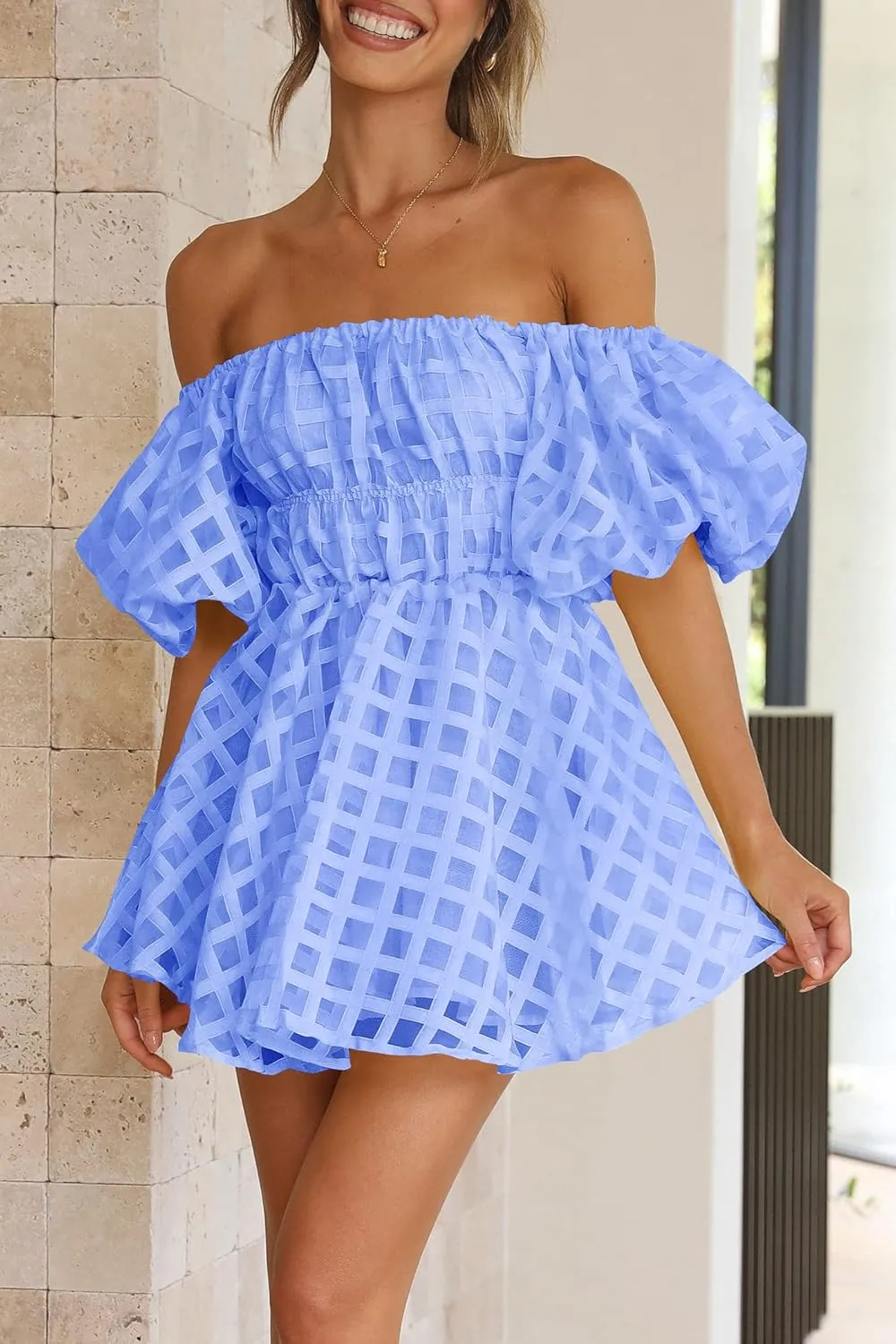 PRETTYGARDEN Women's Off The Shoulder Babydoll Dress Short Puff Sleeve Casual A Line Ruffle Summer Dresses