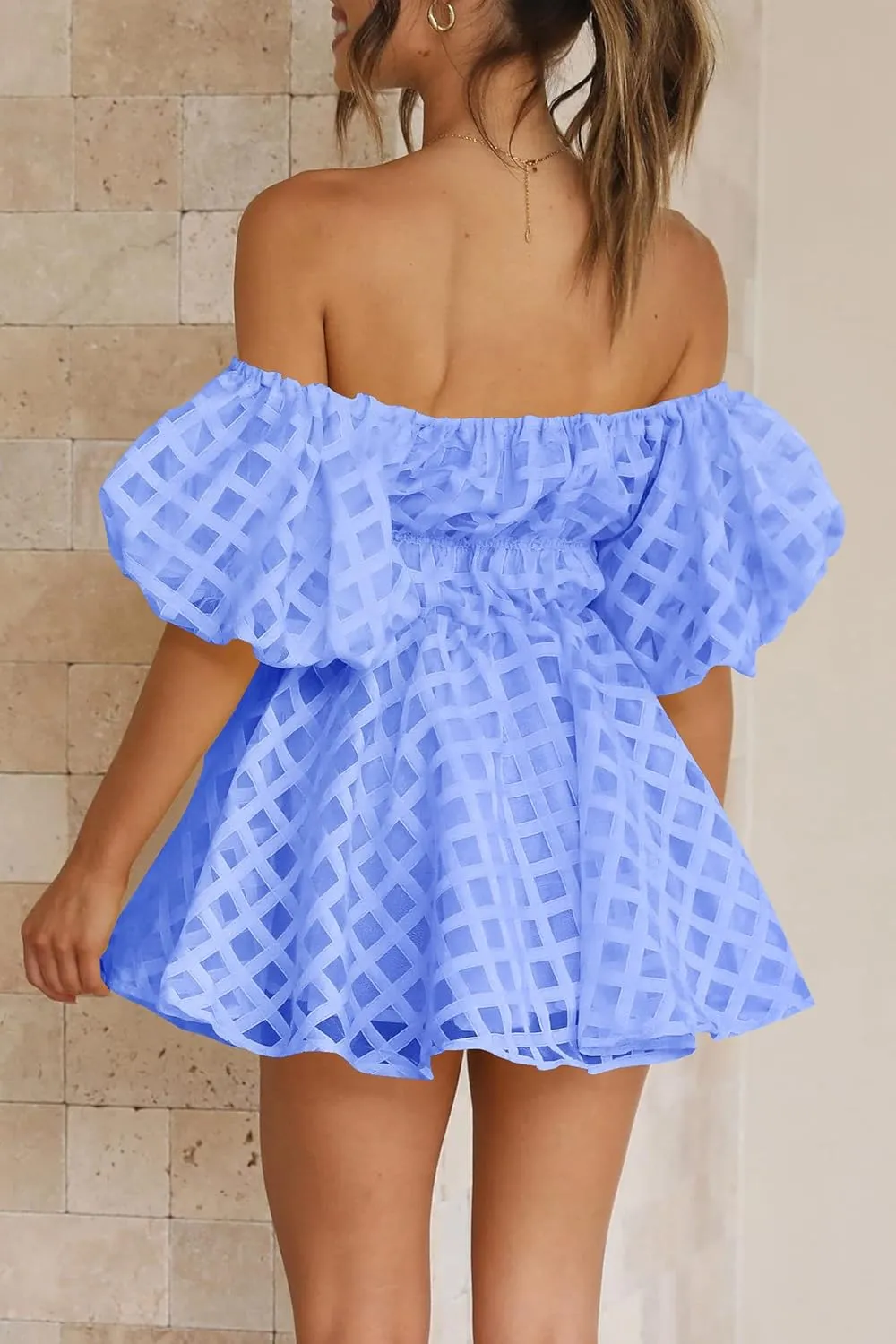 PRETTYGARDEN Women's Off The Shoulder Babydoll Dress Short Puff Sleeve Casual A Line Ruffle Summer Dresses