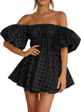 PRETTYGARDEN Women's Off The Shoulder Babydoll Dress Short Puff Sleeve Casual A Line Ruffle Summer Dresses