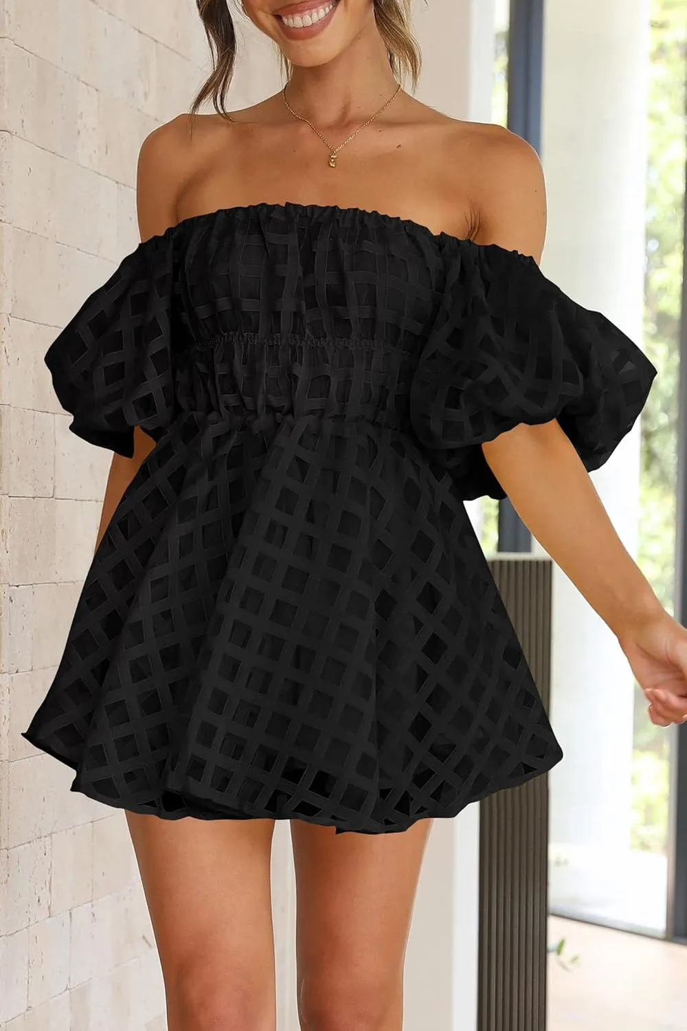 PRETTYGARDEN Women's Off The Shoulder Babydoll Dress Short Puff Sleeve Casual A Line Ruffle Summer Dresses