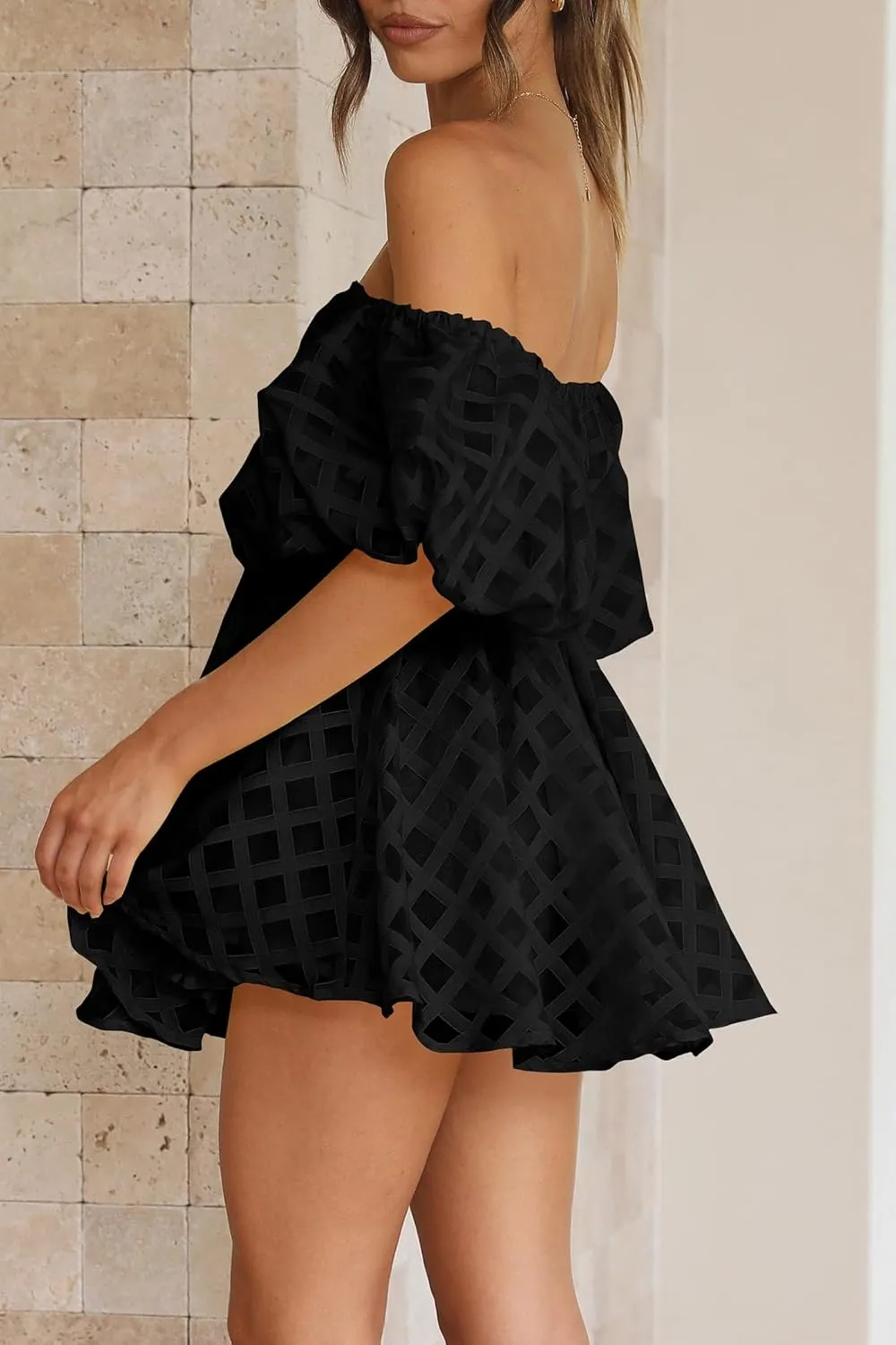 PRETTYGARDEN Women's Off The Shoulder Babydoll Dress Short Puff Sleeve Casual A Line Ruffle Summer Dresses