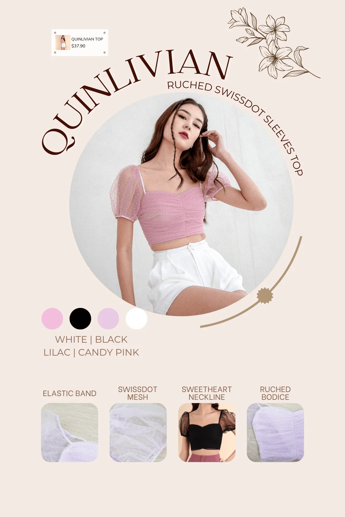 QUINLIVAN RUCHED SWISSDOT SLEEVES TOP IN CANDY PINK