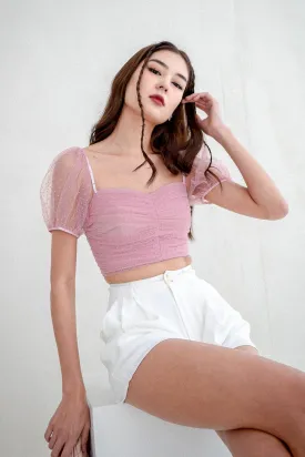 QUINLIVAN RUCHED SWISSDOT SLEEVES TOP IN CANDY PINK