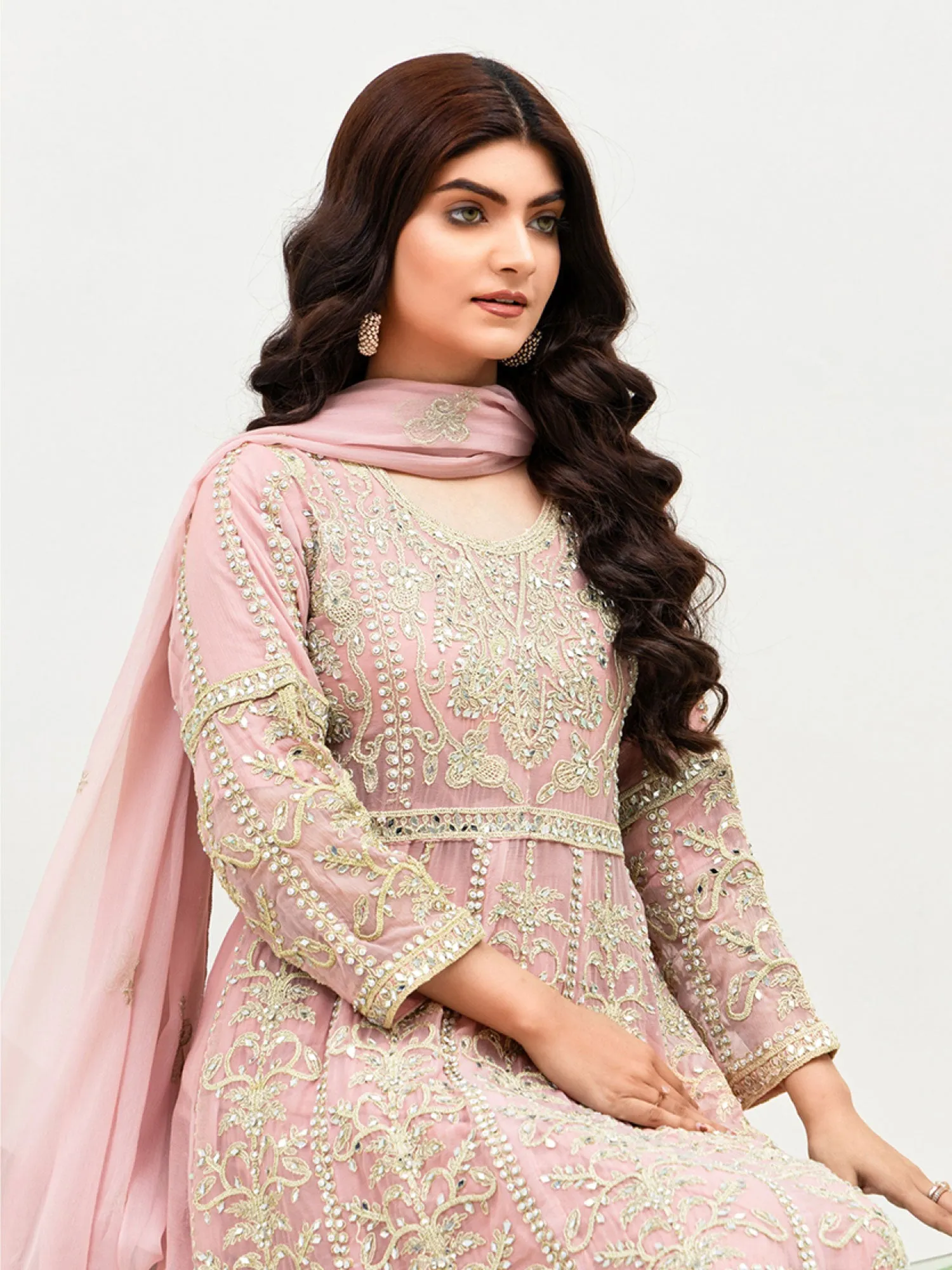 Rangz Pink Chiffon Luxury Embroidered 3-Piece Maxi Suit