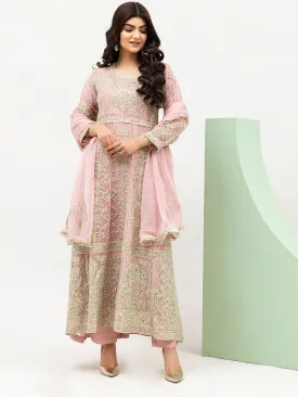 Rangz Pink Chiffon Luxury Embroidered 3-Piece Maxi Suit