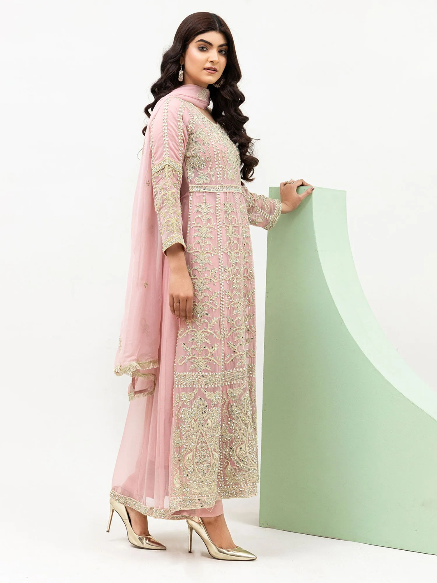 Rangz Pink Chiffon Luxury Embroidered 3-Piece Maxi Suit