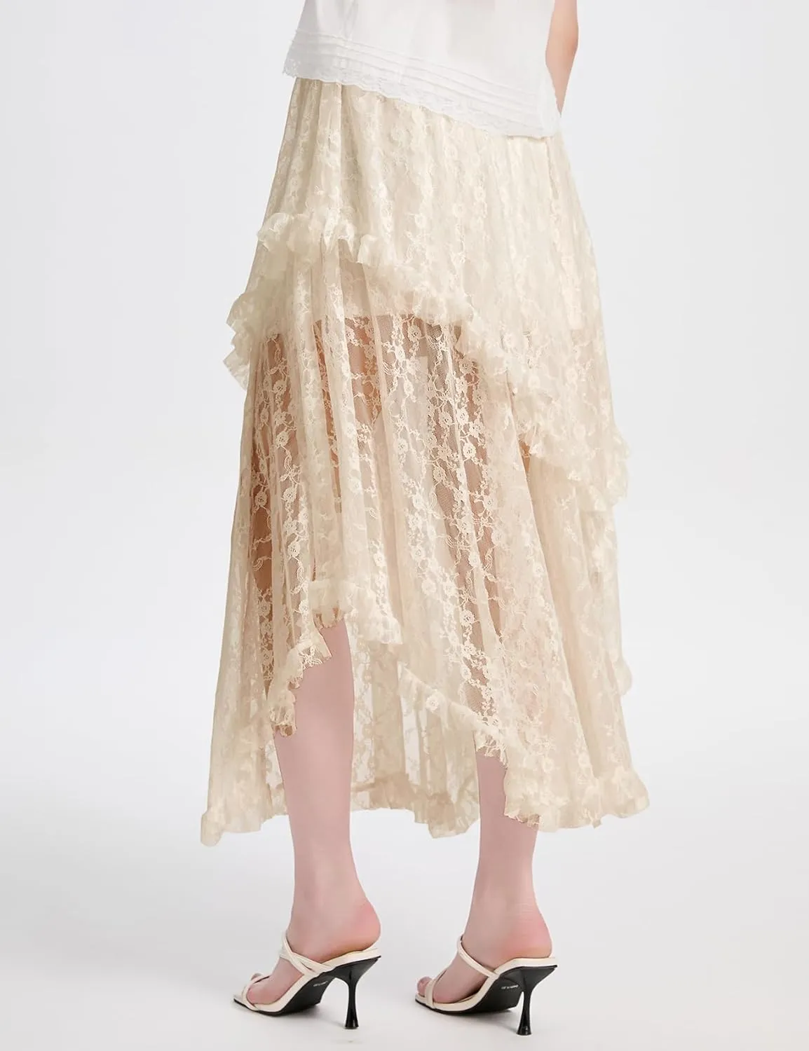 ROJZR Womens Lace Long Skirts Elastic High Low Asymmetrical Layered Hem Sexy See-Through Maxi Skirts Sheer Flowy Beach