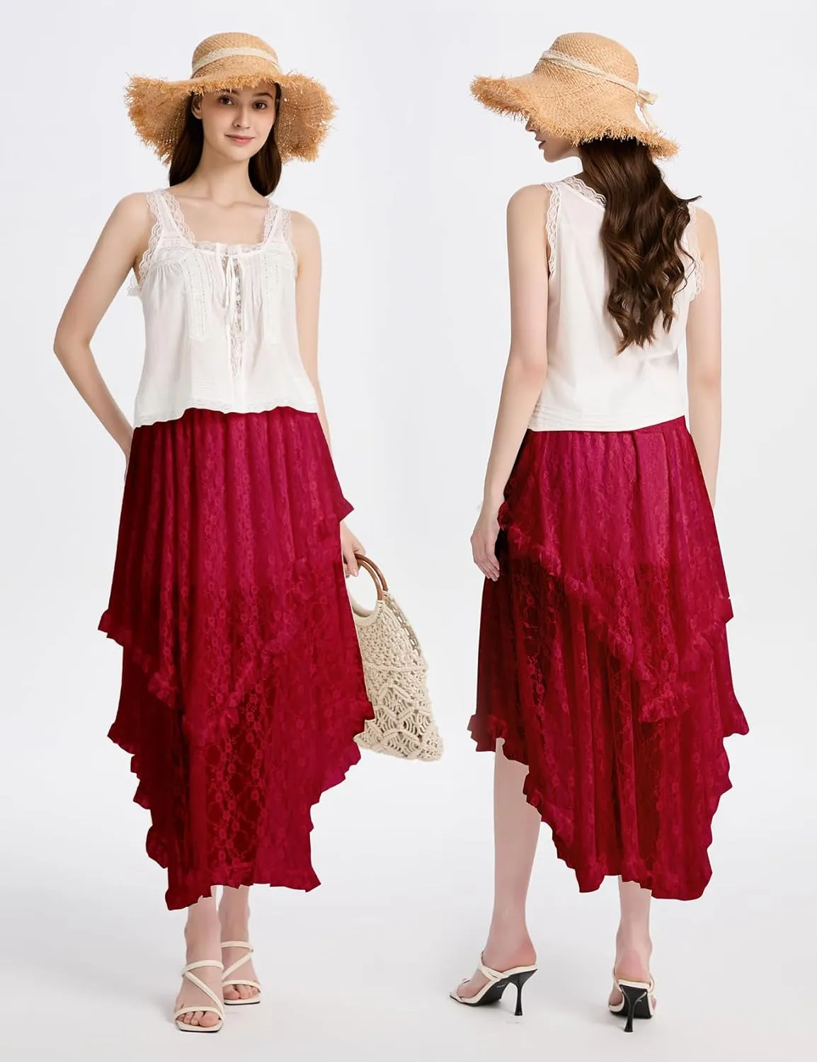 ROJZR Womens Lace Long Skirts Elastic High Low Asymmetrical Layered Hem Sexy See-Through Maxi Skirts Sheer Flowy Beach