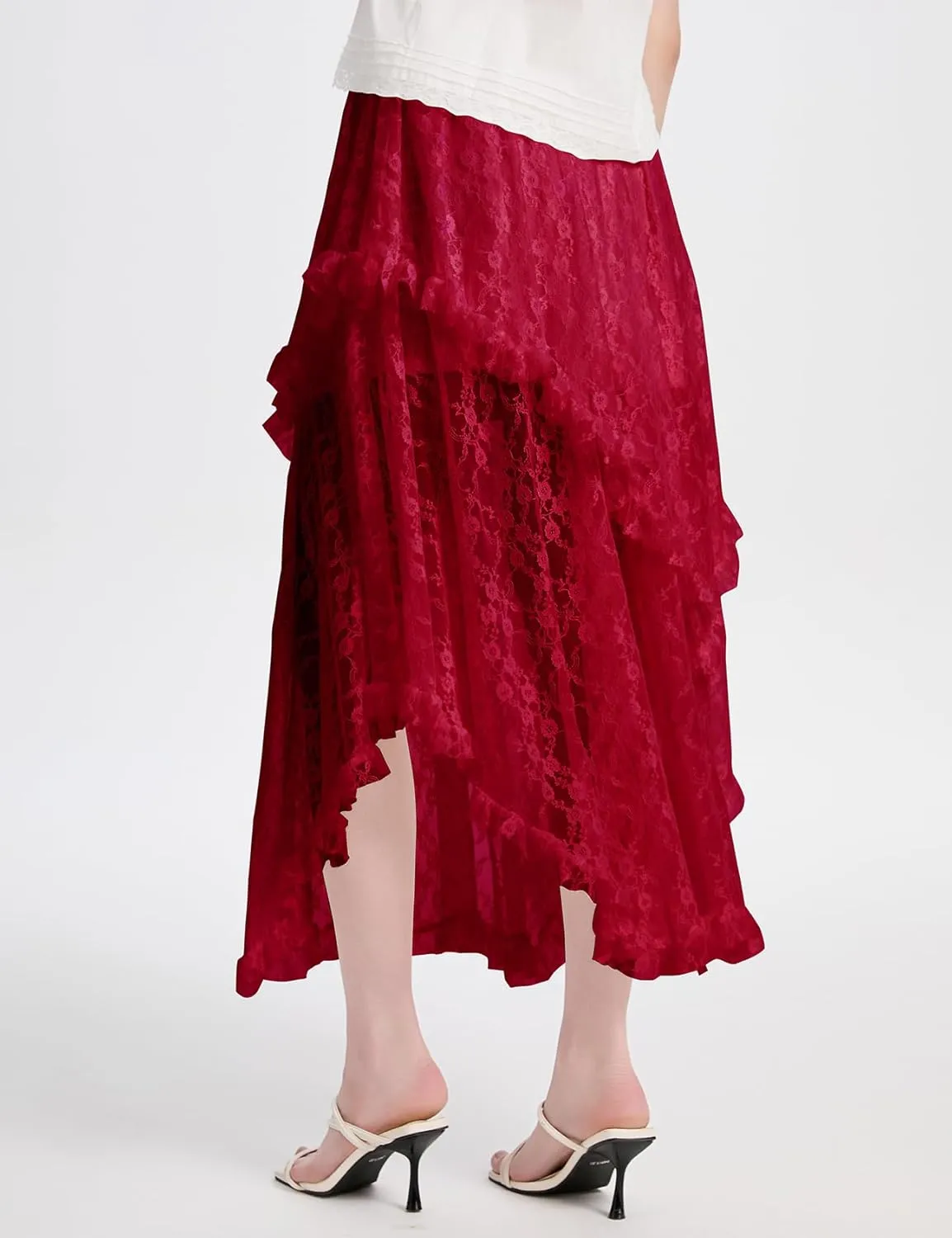 ROJZR Womens Lace Long Skirts Elastic High Low Asymmetrical Layered Hem Sexy See-Through Maxi Skirts Sheer Flowy Beach
