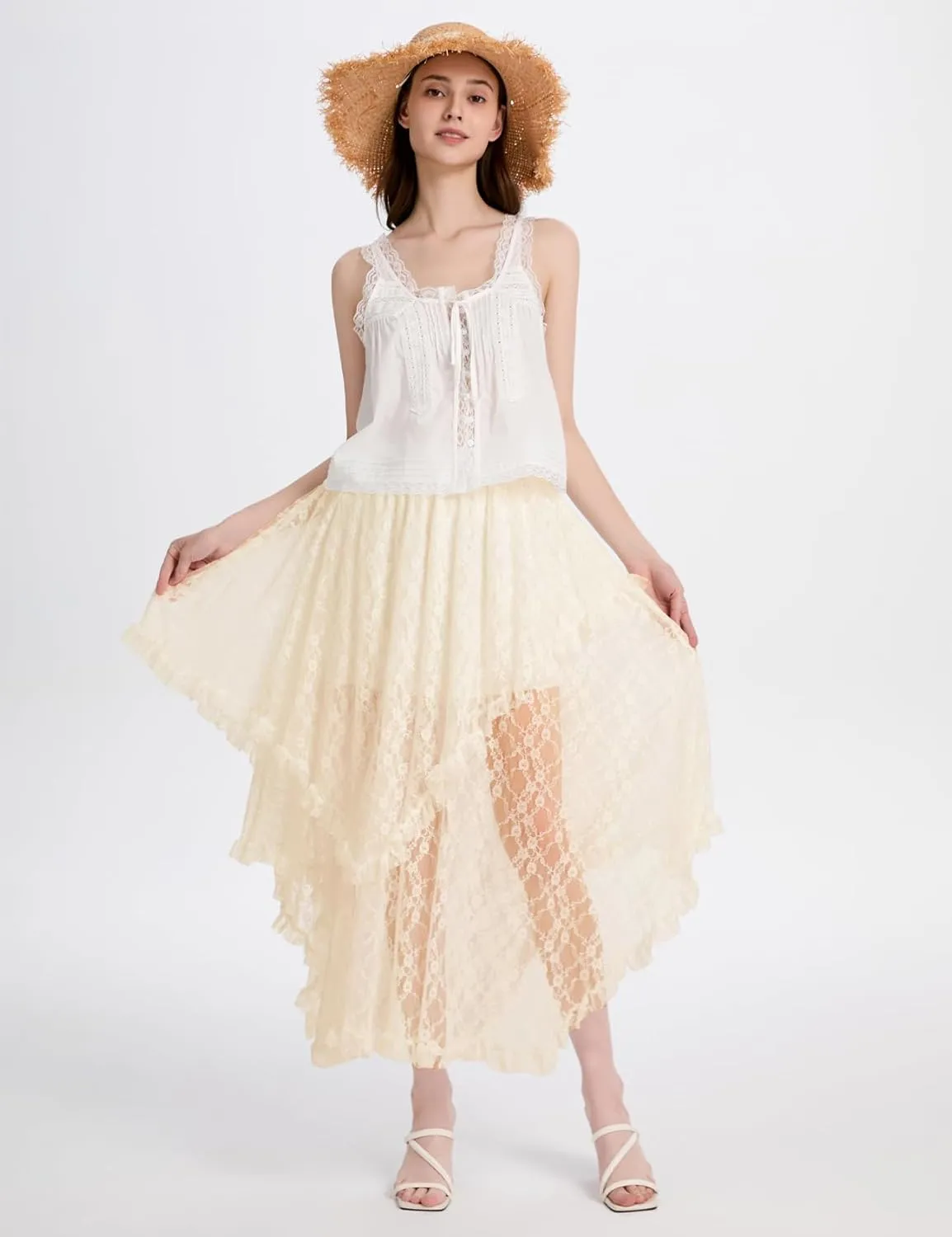 ROJZR Womens Lace Long Skirts Elastic High Low Asymmetrical Layered Hem Sexy See-Through Maxi Skirts Sheer Flowy Beach