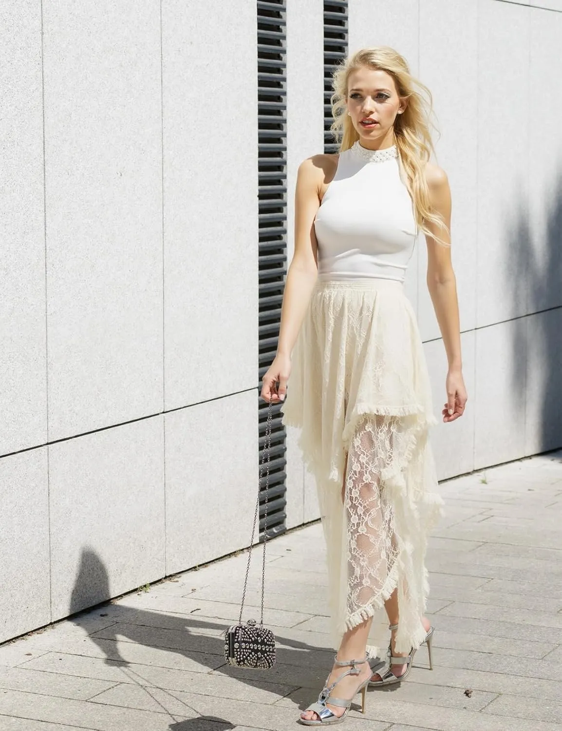 ROJZR Womens Lace Long Skirts Elastic High Low Asymmetrical Layered Hem Sexy See-Through Maxi Skirts Sheer Flowy Beach