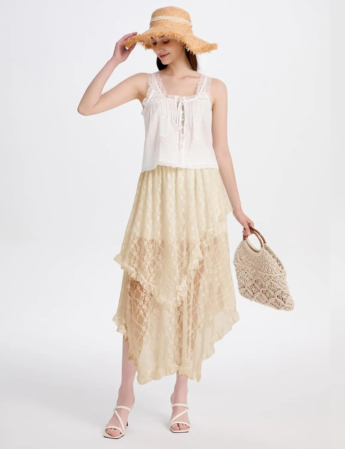 ROJZR Womens Lace Long Skirts Elastic High Low Asymmetrical Layered Hem Sexy See-Through Maxi Skirts Sheer Flowy Beach
