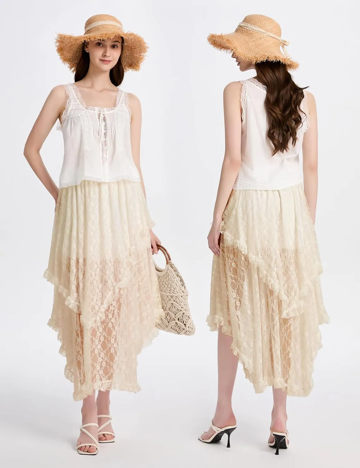 ROJZR Womens Lace Long Skirts Elastic High Low Asymmetrical Layered Hem Sexy See-Through Maxi Skirts Sheer Flowy Beach