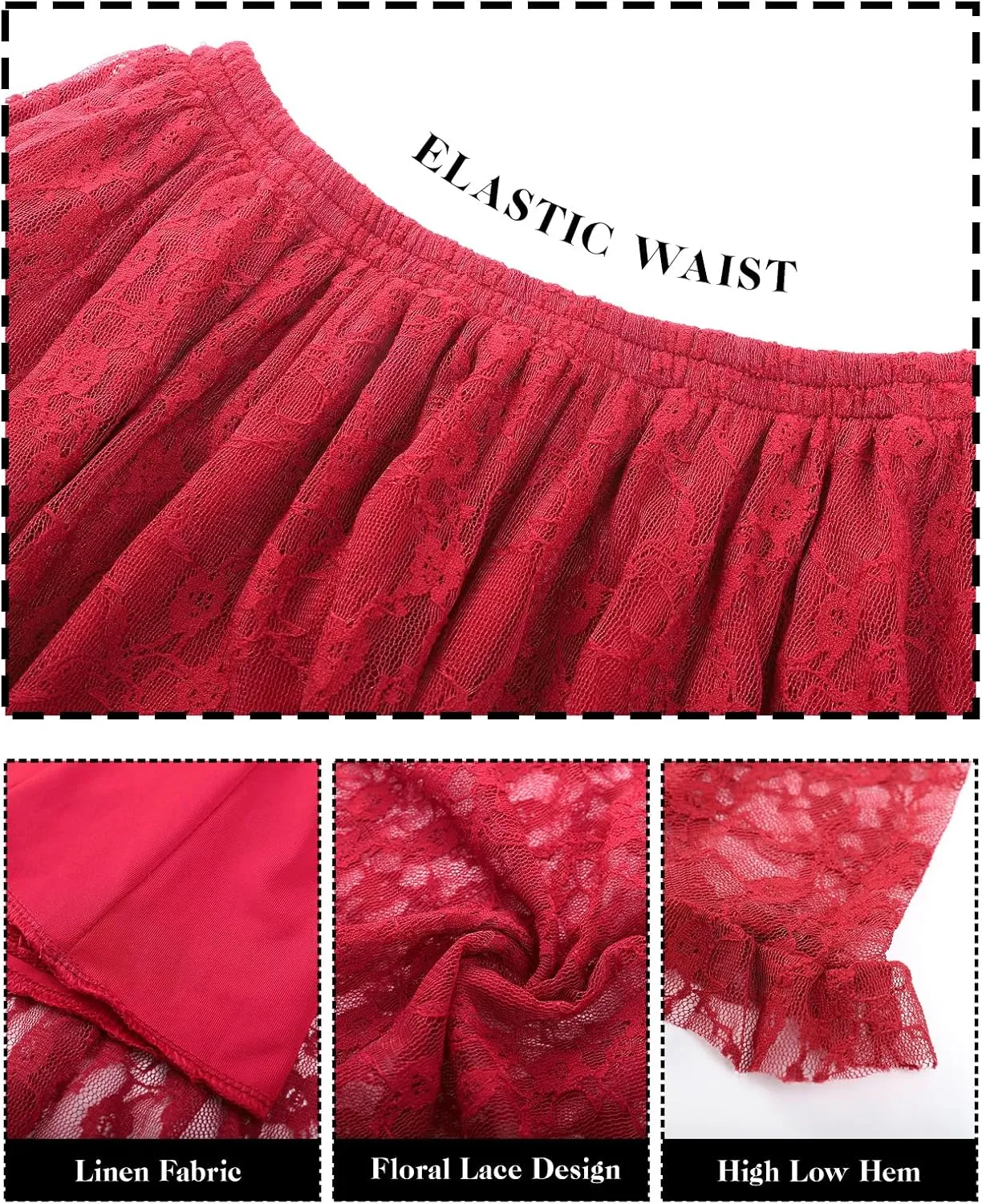ROJZR Womens Lace Long Skirts Elastic High Low Asymmetrical Layered Hem Sexy See-Through Maxi Skirts Sheer Flowy Beach