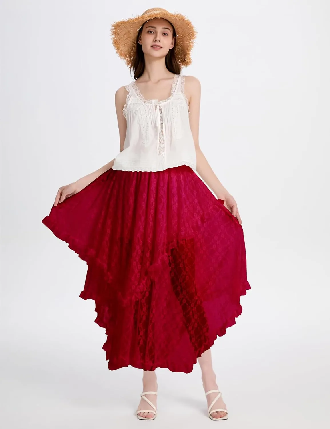 ROJZR Womens Lace Long Skirts Elastic High Low Asymmetrical Layered Hem Sexy See-Through Maxi Skirts Sheer Flowy Beach