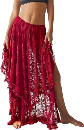 ROJZR Womens Lace Long Skirts Elastic High Low Asymmetrical Layered Hem Sexy See-Through Maxi Skirts Sheer Flowy Beach
