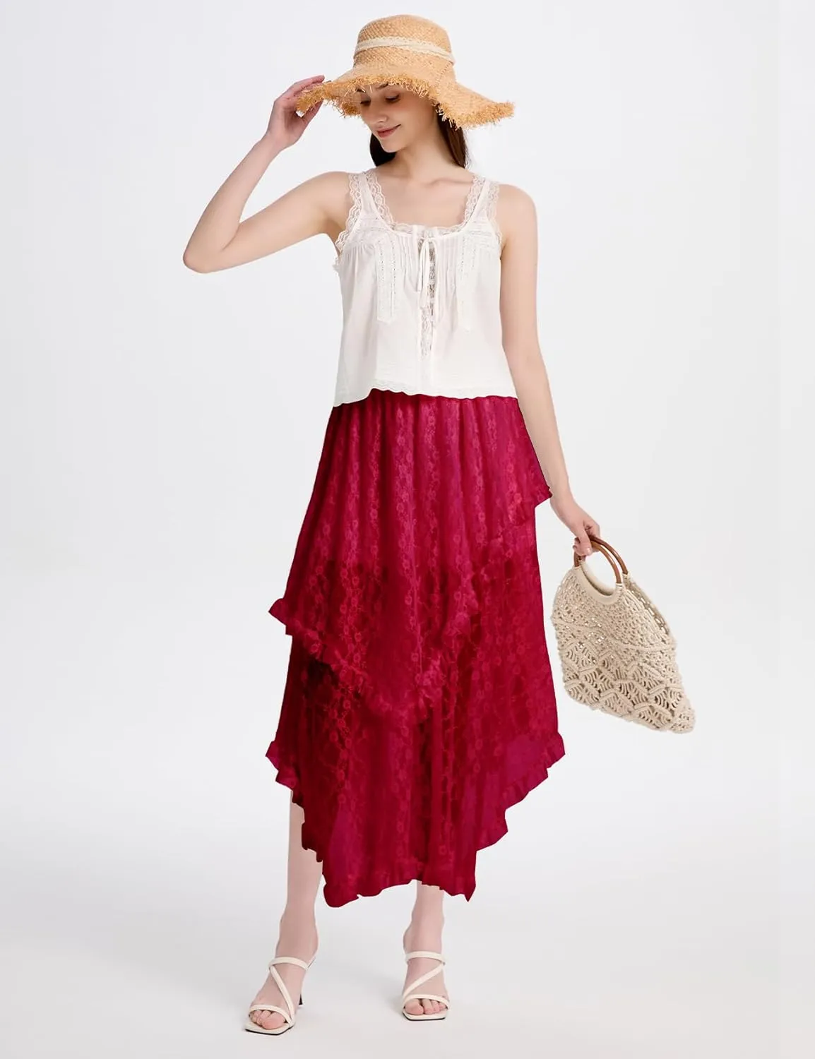 ROJZR Womens Lace Long Skirts Elastic High Low Asymmetrical Layered Hem Sexy See-Through Maxi Skirts Sheer Flowy Beach