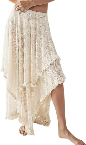 ROJZR Womens Lace Long Skirts Elastic High Low Asymmetrical Layered Hem Sexy See-Through Maxi Skirts Sheer Flowy Beach