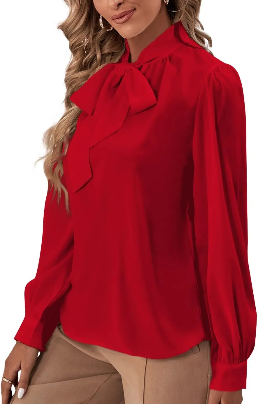 Rooscier Women's Bow Tie Neck Long Sleeve Buttton Cuff Chiffon Elegant Blouse