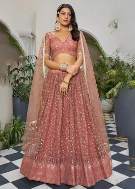 Rust Pink Designer Embroidered Wedding Lehenga Choli