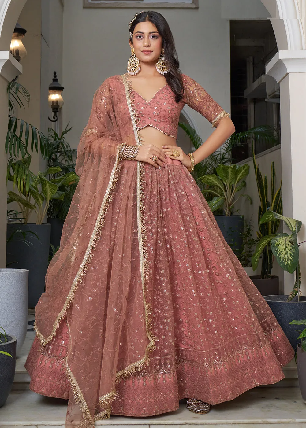 Rust Pink Designer Embroidered Wedding Lehenga Choli