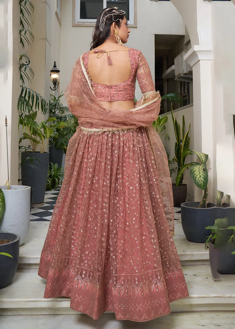 Rust Pink Designer Embroidered Wedding Lehenga Choli