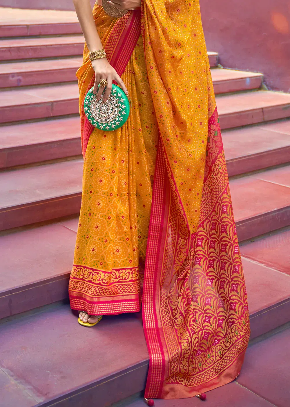 Saffron Yellow Designer Printed Brasso Silk Saree