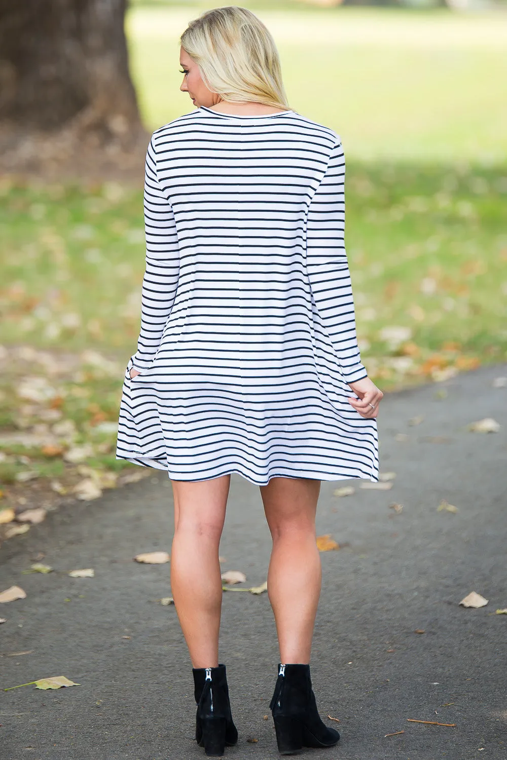 SALE-Piko Long Sleeve Tiny Stripe Swing Dress - White/Black